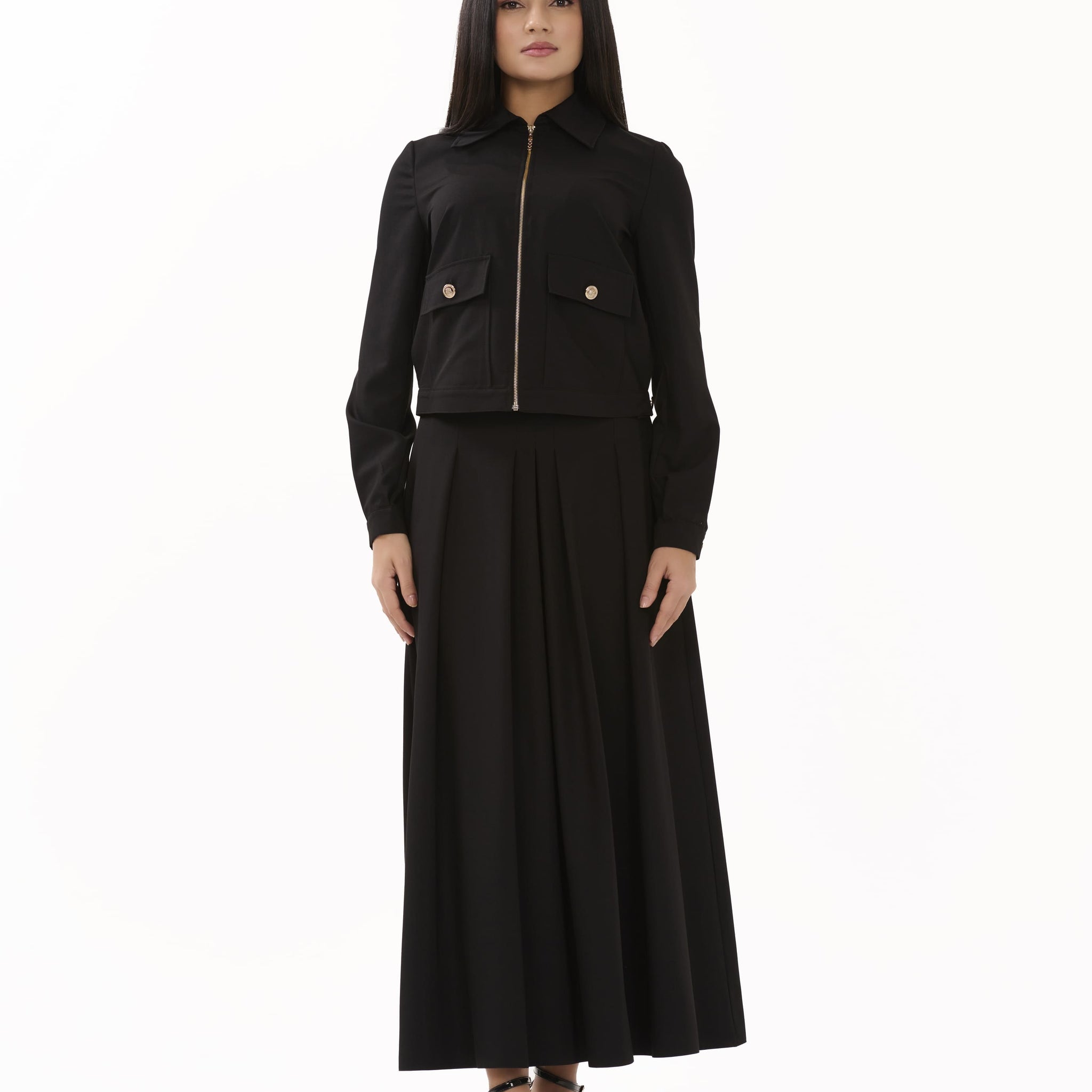 Elara – Black Pleated Midi Skirt - 105012